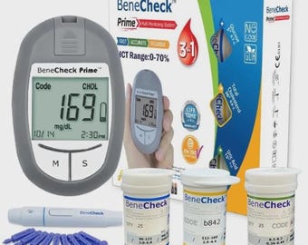 BeneCheck Prime Monitor de salud multifunción 3 en 1 / Kit de análisis de glucosa, colesterol y ácido úrico en sangre