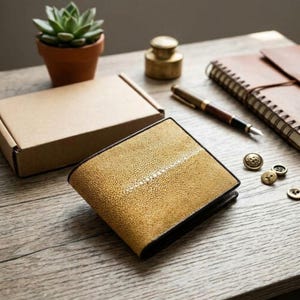 May include: A bifold wallet featuring a textured, mustard-yellow stingray leather exterior with a prominent, lighter-coloured central spine detail and dark brown edges, presented as a compact accessory for holding currency and cards.