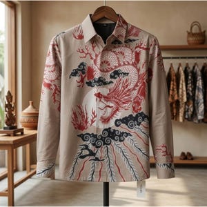 Puede incluir: Una camisa de manga larga con botones en color beige claro que presenta un llamativo estampado gráfico de un dragón en rojo y negro. El diseño incluye nubes estilizadas y un motivo circular en el frente y las mangas, con cuello y puños estándar.