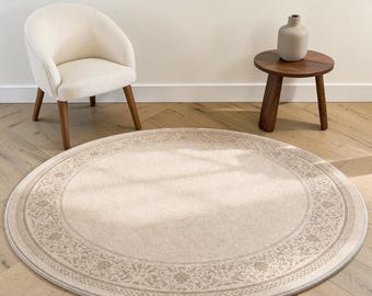 Tapis rond beige à tissage serré | Tapis bohème neutre pour salon | Tapis rond doux | Tapis de sol style ferme moderne | Décoration pour chambre d'enfant