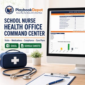 May include: A computer monitor displaying a School Nurse Health Office Command Center dashboard with data tables, a bar chart, and a pie chart. Beside it sits a blue medical bag, a stethoscope, a clipboard with a pen, and a white pen holder with a heart icon.