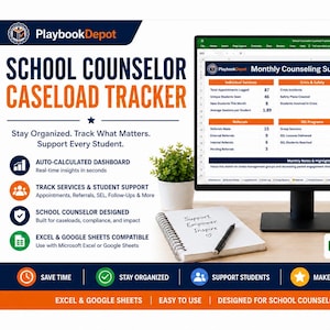 Może przedstawiać: Cyfrowy arkusz kalkulacyjny School Counselor Caseload Tracker na monitorze komputera, z pulpitem nawigacyjnym, notatnikiem z tekstem Support Empower Inspire oraz kubkiem z tekstem COUNSELORS CHANGE LIVES EVERY DAY.