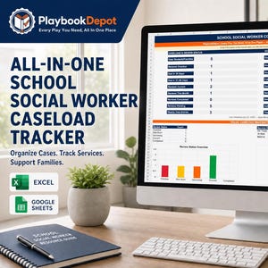May include: A computer monitor displays a School Social Worker Command Center spreadsheet with tables, bar charts, and a pie chart. The screen shows caseload status, service referrals, and delivery status. Text includes PlaybookDepot branding.