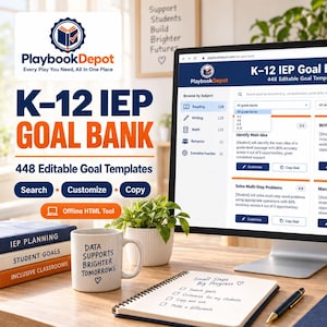 May include: A computer monitor displaying the PlaybookDepot K-12 IEP Goal Bank website with 448 editable templates. A white mug with the text Data Supports Brighter Tomorrows, a notebook, a pen, and a small green plant sit on the desk.