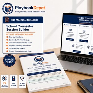 May include: A laptop displaying the School Counselor Session Builder software interface, alongside a printed 9-page PDF user guide, a dark blue notebook labelled Counselor Plans, and a matching blue mug on a wooden desk surface.