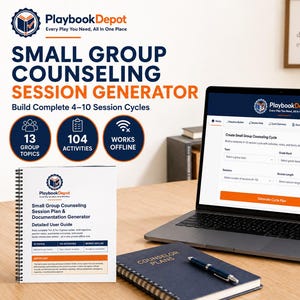 May include: A digital Small Group Counseling Session Generator displayed on a laptop screen, accompanied by a printed user guide, a dark blue notebook with a pen, and a navy mug. The interface features fields for topic, grade band, and session length.