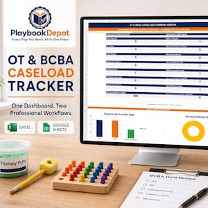 May include: A computer monitor displaying an OT & BCBA Caseload Tracker dashboard with data tables and charts. Beside it are a container of green therapy putty, a wooden peg board, a clipboard with a BCBA Data Review checklist, and a blue mug.