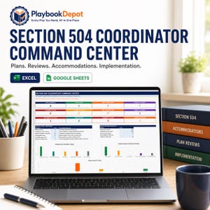 May include: A laptop screen displays the Section 504 Coordinator Command Center dashboard with data tables, bar charts, and status metrics. The interface includes Excel and Google Sheets icons, with a stack of books labeled Section 504 nearby.