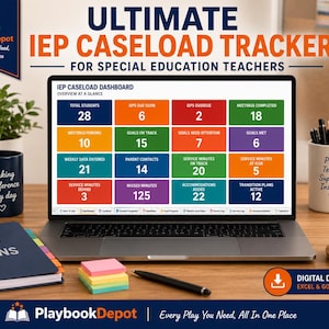 Może przedstawiać: Laptop wyświetla panel kontrolny IEP Caseload Tracker dla nauczycieli edukacji specjalnej. Obraz zawiera kubek, notatnik, karteczki samoprzylepne, długopisy i filiżankę kawy. Tekst na ekranie brzmi "Ultimate IEP Caseload Tracker".