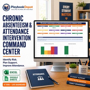 May include: A computer monitor displaying a Chronic Absenteeism and Attendance Intervention Command Center dashboard, alongside a spiral-bound notebook labelled Attendance, a pen, a small potted succulent, and three stacked books.