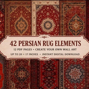 Könnte beinhalten: Eine digitale Sammlung von 42 persischen Teppichelementen auf 12 PDF-Seiten mit komplexen Mustern in Rot, Schwarz und Creme. Der Text lautet 42 PERSIAN RUG ELEMENTS, 12 PDF PAGES, CREATE YOUR OWN WALL ART, UP TO 50.8 x 43.2 CM, INSTANT DIGITAL DOWNLOAD.
