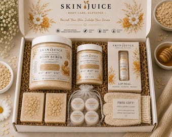 SKIN JUICE Oatmeal Milk & Honey Luxury Self Care Gift Box Foaming Body Scrub Second Skin Moisturizer Artisan Soap Lip Seal Spa Gift Set