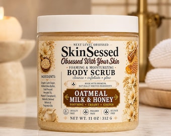 Exfoliante corporal espumoso de 325 ml con avena, leche y miel. Exfoliante de azúcar SkinSessed con manteca de karité. Hidratante y suave para una piel radiante.