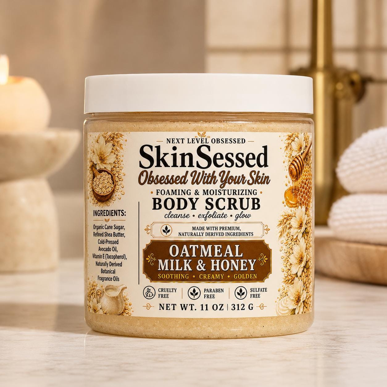 OATMEAL Milk and Honey FOAMING Body Scrub SkinSessed Exfoliating Sugar Scrub Shea Butter Body Polish Hydrating Soft Smooth Glowing Skin