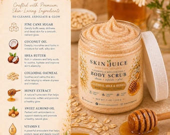 7 oz SKIN JUICE Oatmeal Milk & Honey FOAMING Body Scrub Soft Smooth Glowing Skin Rich Creamy Foaming Sugar Scrub Warm Oatmeal Honey