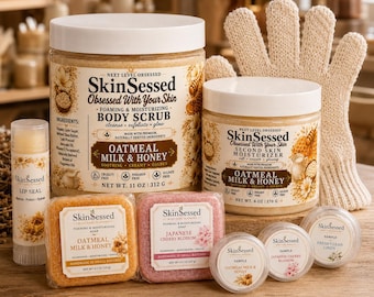 Set de regalo de avena, leche y miel SkinSessed: exfoliante corporal, crema hidratante, bálsamo labial, jabón de leche de cabra, set de spa para el cuidado de la piel hecho a mano, piel suave, tersa y radiante.