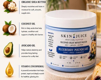 6 oz SKIN JUICE Blueberry Poundcake Second Skin Moisturizer Soft Smooth Glowing Skin Thick Creamy Balm Texture Sweet Blueberry Bakery