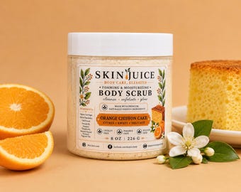 SKIN JUICE Orange Chiffon Cake FOAMING Body Scrub, luksusowy kremowy peeling cukrowy, pielęgnacja skóry cytrusowa, ubijany peeling złuszczający