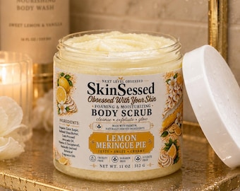 Exfoliante corporal espumoso de 325 ml con aroma a tarta de merengue de limón. Exfoliante corporal de azúcar con manteca de karité, hidratante y para una piel suave y radiante.