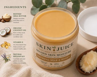 6 oz SKIN JUICE Oatmeal Milk & Honey Second Skin Moisturizer Soft Smooth Glowing Skin Thick Creamy Balm Texture Warm Oatmeal Honey Fragrance