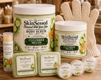 Set de regalo de pepino y melón SkinSessed: exfoliante corporal, crema hidratante, bálsamo labial, jabón de leche de cabra, set de spa para el cuidado de la piel hecho a mano, piel suave, tersa y radiante.