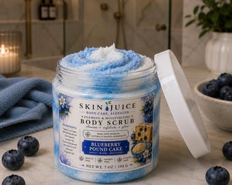 7 oz SKIN JUICE Blueberry Poundcake FOAMING Body Scrub Moisturizing Sugar Scrub Shea Butter Spa Exfoliator Dessert Scented