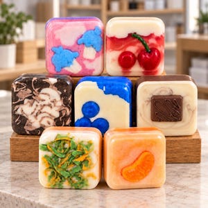 May include: Seven square bars of soap arranged on a wooden stand. The bars feature various designs including blue mushrooms, red cherries, dark swirls, blue berries, a chocolate square, green herbs, and an orange slice embedded in the surface.