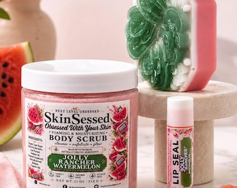 Set de cuidado de la piel de 3 piezas Jolly Rancher Sandía, exfoliante corporal, jabón de leche de cabra y bálsamo labial, set de regalo de caramelos de sandía.