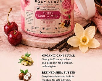 11 oz SKIN JUICE Cherry Vanilla Swirl Foaming Body Scrub Soft Smooth Glowing Skin Rich Creamy Foaming Sugar Scrub Sweet Cherry Vanilla