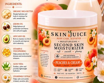 10 oz SKIN JUICE Peaches & Cream Second Skin Moisturizer Soft Smooth Glowing Skin Thick Creamy Balm Texture Sweet Peach Cream
