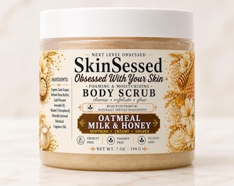 Exfoliante corporal espumoso de 7 oz con avena, leche y miel. Exfoliante de azúcar SkinSessed con manteca de karité. Hidratante y suave para una piel radiante.