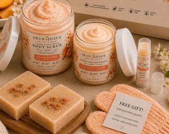 SKIN JUICE Peaches and Cream Gift Box – Body Scrub Moisturizer Lip Seal Set Artisan Soaps & Samples