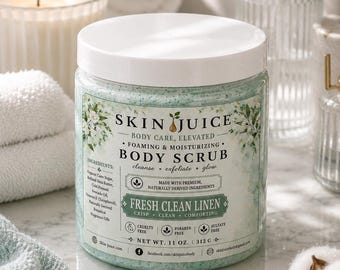11oz SKIN JUICE Fresh Clean Linen FOAMING Body Scrub Luxury Creamy Sugar Scrub Soft Clean Skin Care