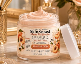 Crema hidratante de 177 ml (6 oz) con aroma a melocotón y crema. Crema corporal SkinSessed Second Skin con manteca de karité. Cuidado de la piel hidratante hecho a mano. Piel suave, tersa y radiante.