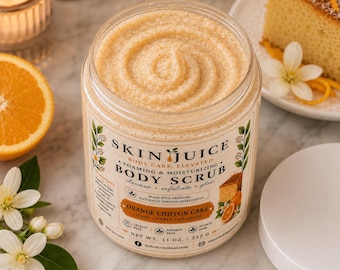 11oz SKIN JUICE Orange Chiffon Cake FOAMING Body Polish Luxury Creamy Sugar Scrub, Citrus Skin Care, Whipped Exfoliating