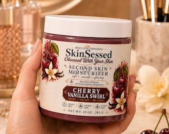 Crema hidratante de 283 g (10 oz) con aroma a cereza y vainilla. Crema corporal SkinSessed Second Skin con manteca de karité. Cuidado de la piel hidratante y artesanal. Piel suave, tersa y radiante.