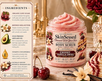 Exfoliante corporal espumoso de 7 oz con aroma a cereza y vainilla. Exfoliante corporal de azúcar con manteca de karité, hidratante y para una piel suave y radiante.
