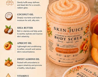 11 oz SKIN JUICE Peaches & Cream FOAMING Body Scrub Soft Smooth Glowing Skin Rich Creamy Foaming Sugar Scrub Sweet Peach Cream