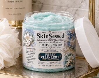 Exfoliante corporal espumoso de 325 ml con aroma a lino fresco y limpio. Exfoliante de azúcar con manteca de karité para una piel suave, tersa y radiante.