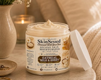 Crema hidratante de 283 g (10 oz) con leche de avena y miel. Crema corporal SkinSessed Second Skin con manteca de karité. Cuidado de la piel hidratante hecho a mano. Piel suave, tersa y radiante.