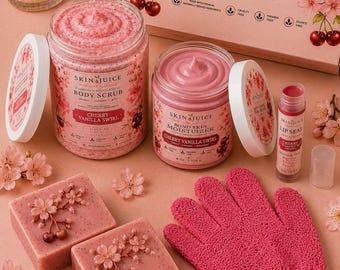 SKIN JUICE Cherry Vanilla Swirl Luxury Self Care Gift Box Foaming Body Scrub Second Skin Moisturizer Artisan Soap Lip Seal Spa Gift Set