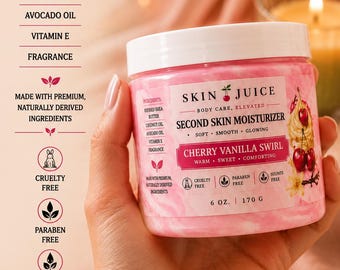 6 oz SKIN JUICE Cherry Vanilla Swirl Second Skin Moisturizer Soft Smooth Glowing Skin Thick Creamy Balm Texture Sweet Cherry Vanilla Swirl