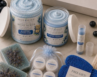 SKIN JUICE Blueberry Poundcake GIFT Box – Body Scrub, Moisturizer, Lip Seal Set, Artisan Soaps & Samples