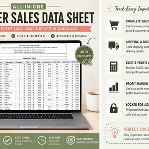 May include: A laptop screen displays an All-in-One Master Sales Data Sheet spreadsheet with columns for order ID, SKU, date, item name, quantity, price, shipping, discounts, and profit. The interface includes automated calculation features.
