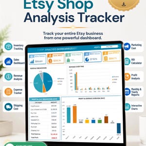 Puede incluir: Una hoja de cálculo digital para el análisis de tiendas Etsy mostrada en una pantalla de portátil. La interfaz presenta un panel con gráficos circulares de desglose de ingresos, gráficos de barras para análisis de beneficios y gastos, y herramientas de seguimiento de inventario. El texto incluye Ultimate Etsy Shop Analysis Tracker, Instant Digital Download y Compatible with Microsoft Excel.