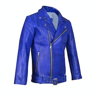 May include: A vibrant blue motorcycle jacket featuring a textured snakeskin-like pattern, a notched lapel, an asymmetrical silver-tone metal zipper closure, zippered side pockets, and a buckled belt at the hem. The logo HIDE CRAFT is visible.