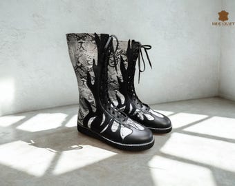 Professionele worstelschoenen | Handgemaakte leren worstelschoenen | Aangepaste slangenleer hoge worstelschoen met veters voor heren
