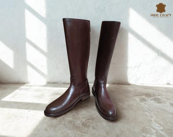 Leder britischer Offizier hohe kniehohe Stiefel | Braune handgemachte Reitschuhe | Premium hohe Reitstiefel für Männer Ehemann Geschenk