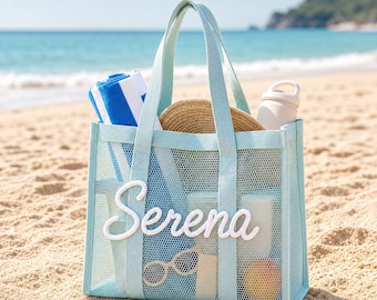 Personalized Mesh Beach Bag, Custom Name Tote, Large Sandproof Beach Bag, Bridesmaid Gift, Personalized Pool Bag, Vacation Tote, Travel Bag