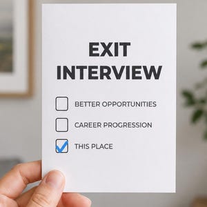 May include: A white rectangular card featuring the black text EXIT INTERVIEW at the top. Below are three checkboxes with the labels BETTER OPPORTUNITIES, CAREER PROGRESSION, and THIS PLACE, with a blue checkmark selected next to THIS PLACE.